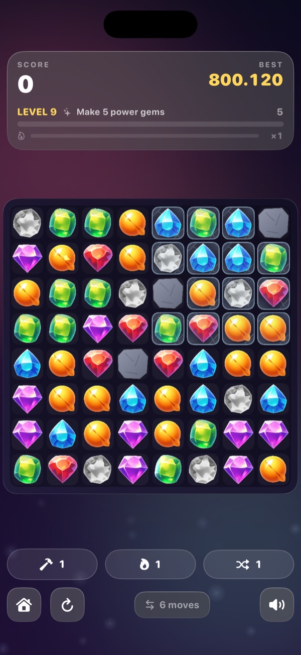 A Gemfall board on level 9, with ice-locked and stone tiles among the gems.
