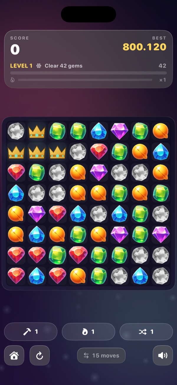 A board with golden crown relics that have to be brought down to the bottom row.